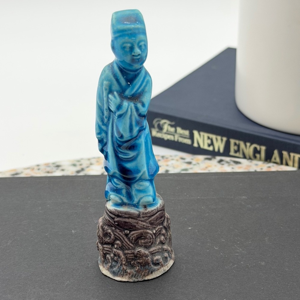 Antique Turquoise & Purple Glazed Ceramic Scholar Figurine 4.5" Asian Decor